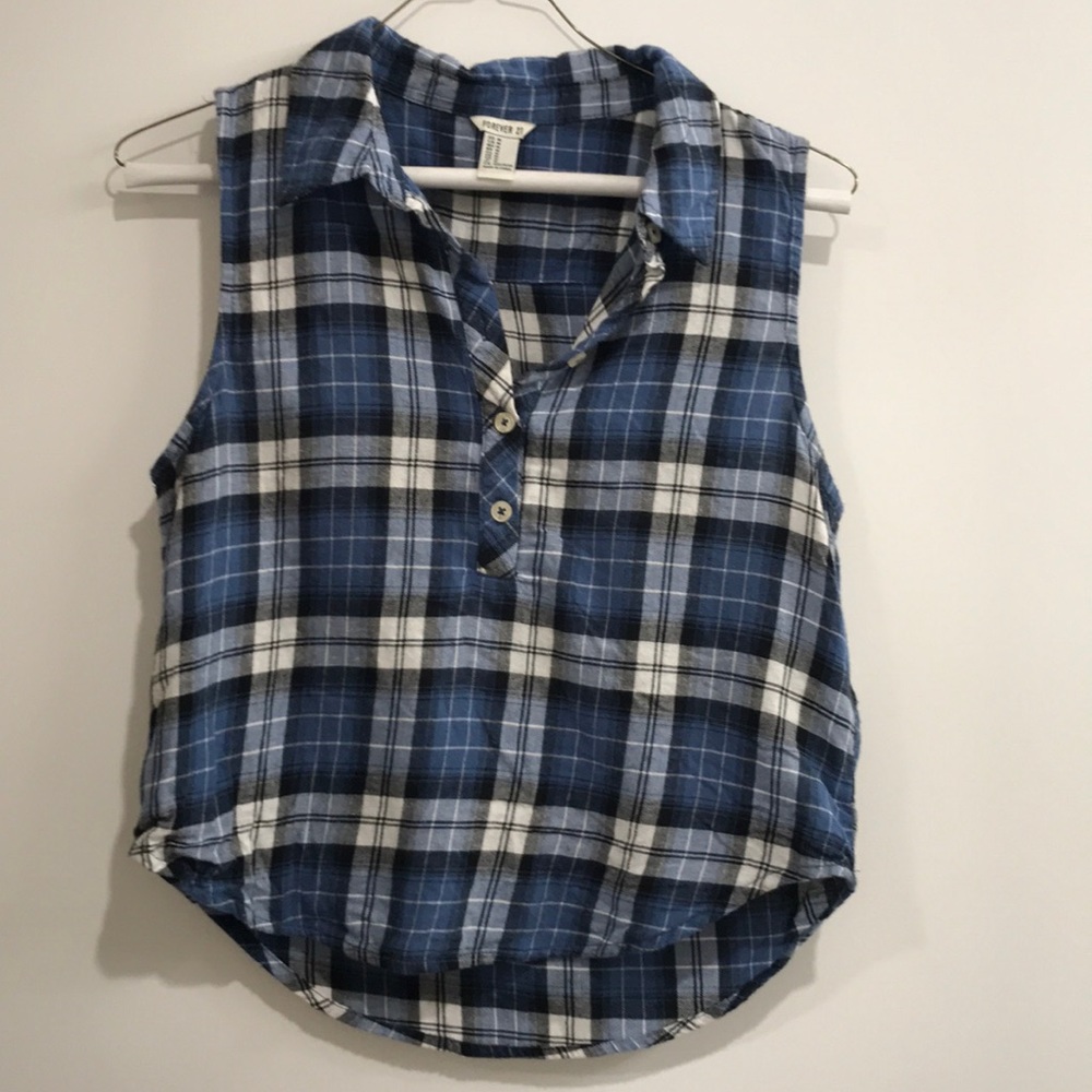 Forever 21 Blue, white, grey sleeveless flannel